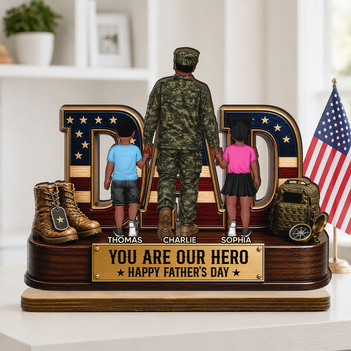 Nation Flag Military Dad You Are Our Hero - Personalized 2-Layered Wooden Plaque -  Gift For Dad, Husband