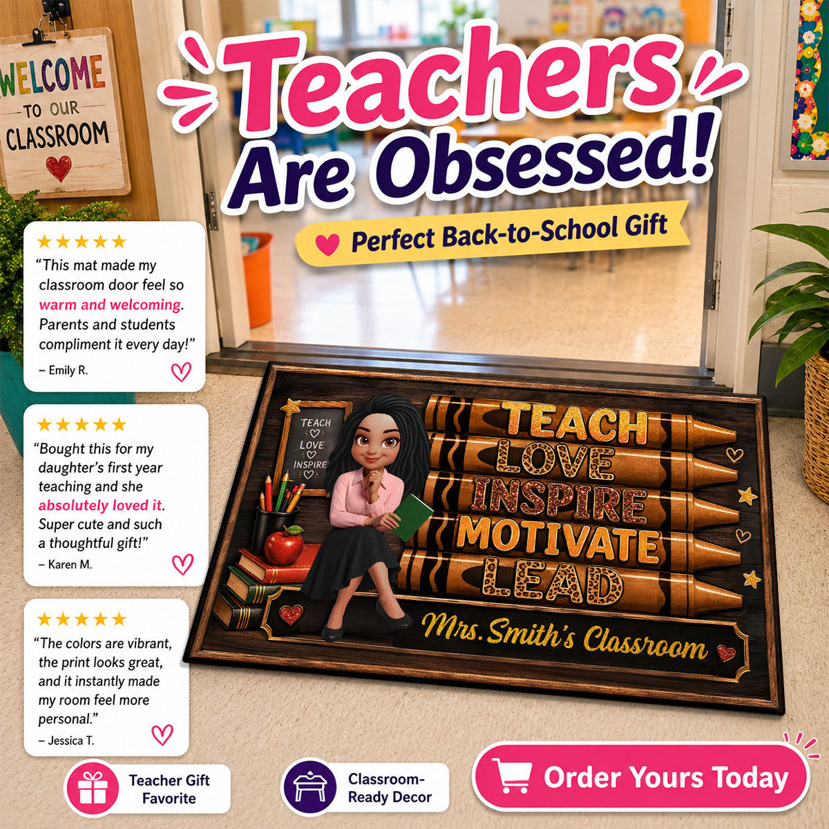 Teach Love Inspire Teacher - Personalized Doormat - Back to School Decor for Teachers
