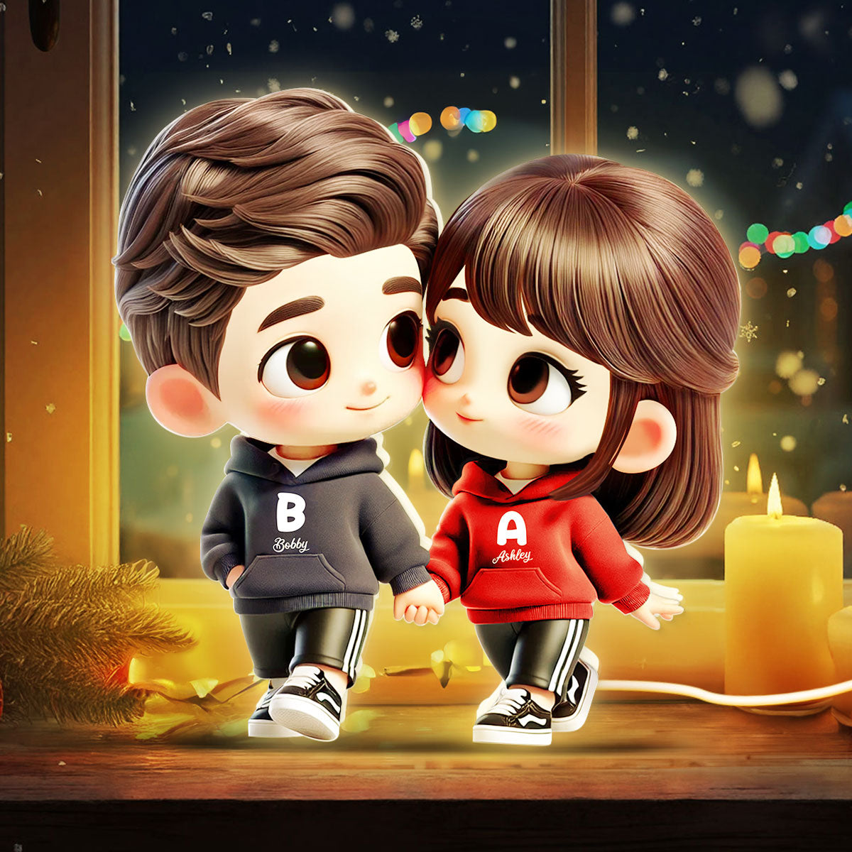 3D Effect Cute Cartoon Couple Holding Hands - Personalized Light Box - Gift for Him, Gift for Her