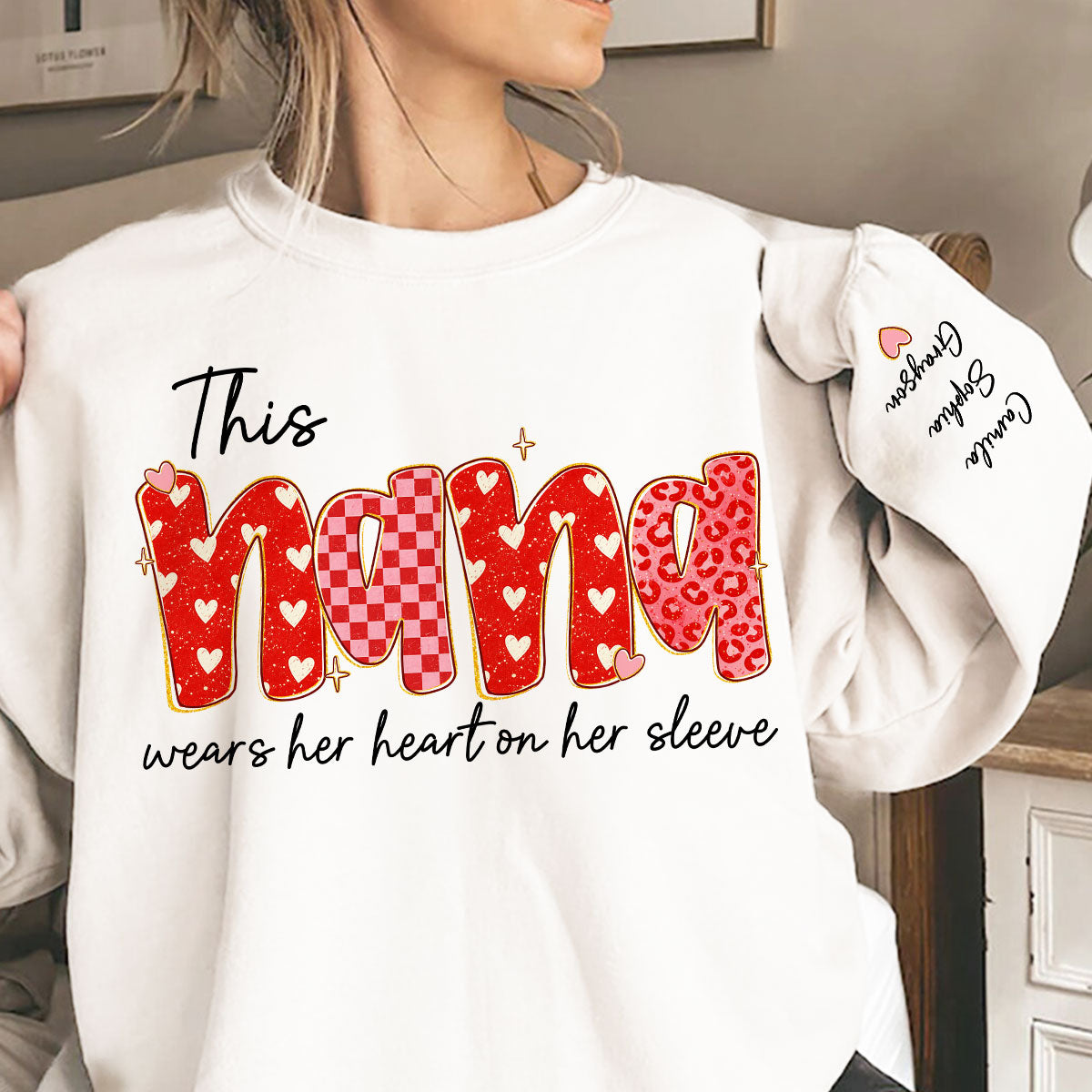 This Nana Wears Heart On Her Sleeve Preppy Pattern - Personalized Sleeve Printed Sweatshirt - Mother's Day Gift For Grandma