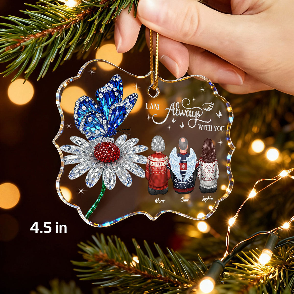 3D Crystal Effect Daisy Butterfly Always With You Family Memorial - Personalized Acrylic Ornament - Remembrance Gift, Sympathy Gift