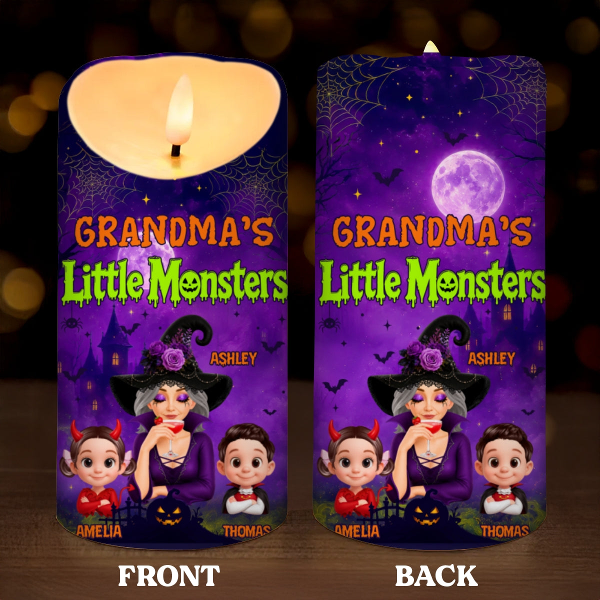 Grandma's Little Monsters Pretty Witch & Kids Purple Theme - Personalized LED Candle - Perfect Halloween Decor for Grandma