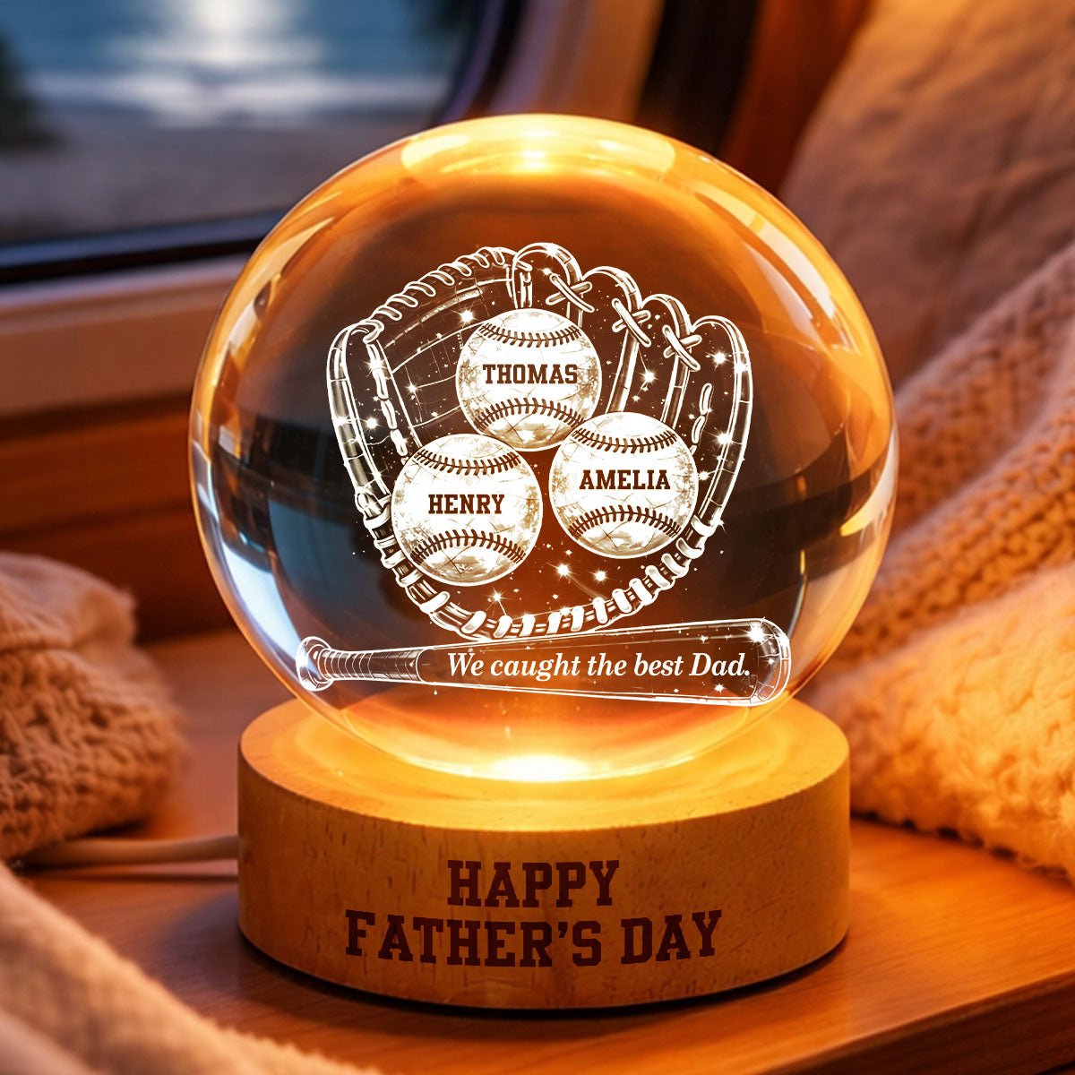 Happy  Baseball Dad - Personalized Crystal Ball LED Night Light -  Gift for Dad, Husband