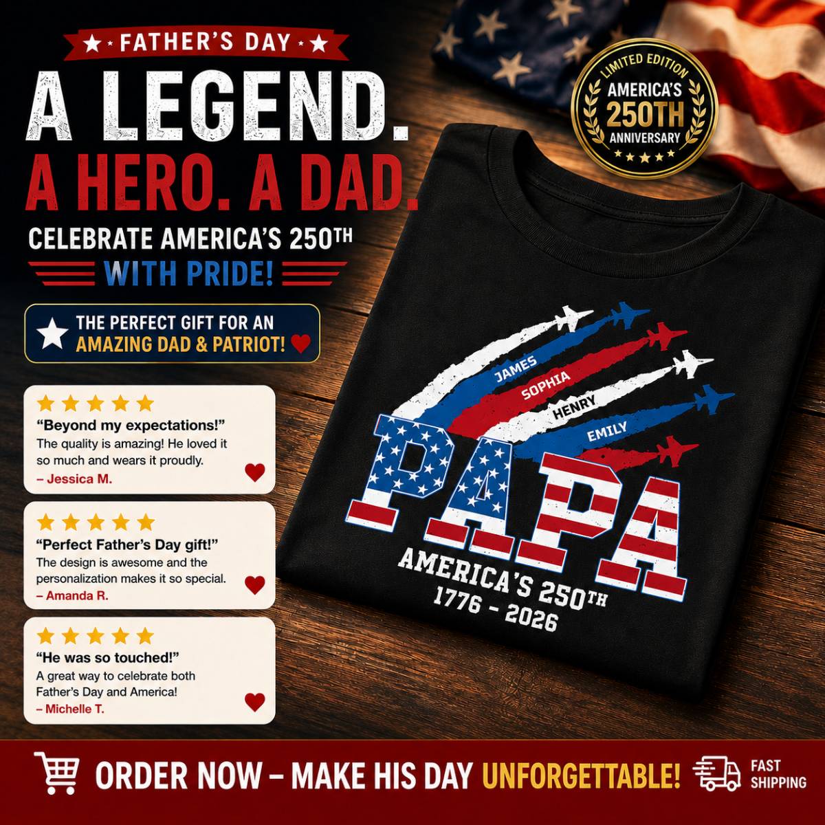 Proud Dad Grandpa Nation Flag American 250th Anniversary - Personalized Shirt - Gift For Dad, Grandpa, Celebrating 250 Years Of Freedom