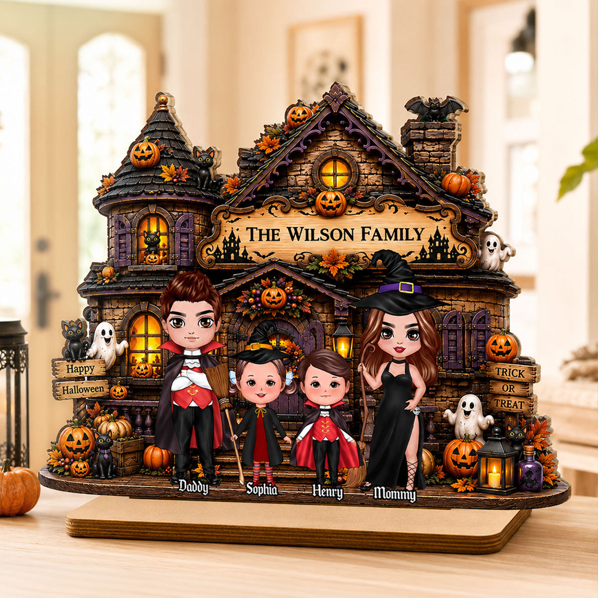 Family Haunted House Trick or Treat - Personalized 2-Layered Wooden Plaque - Halloween Gothic Home Sign