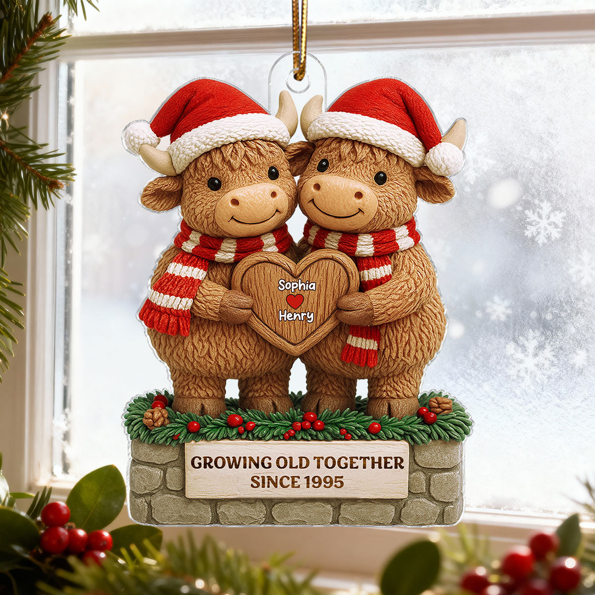 3D Effect Christmas Highland Cows Couple Growing Old Together - Personalized Acrylic Ornament - Gift For Couple
