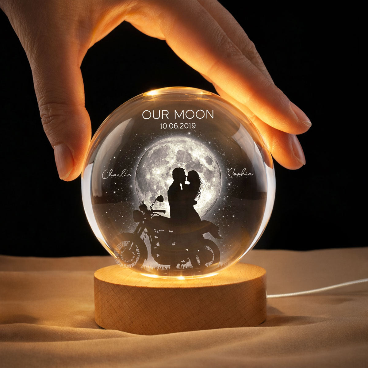 Biker Couple in the Moonlight, Custom Moon Phase by Date - Personalized Crystal Ball LED Night Light - Heartfelt Valentine's Day Gift for Her, for Him