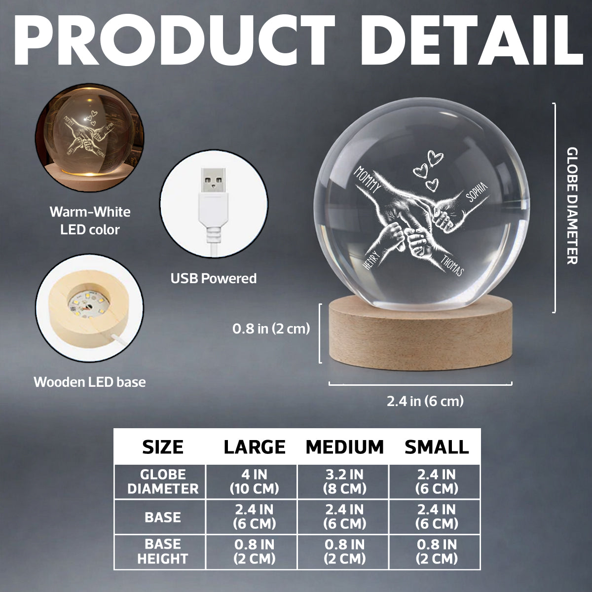 Kids Holding Mom's Hand - Personalized Crystal Ball LED Night Light - Heartfelt Mother's Day Gift for Mom, Wife