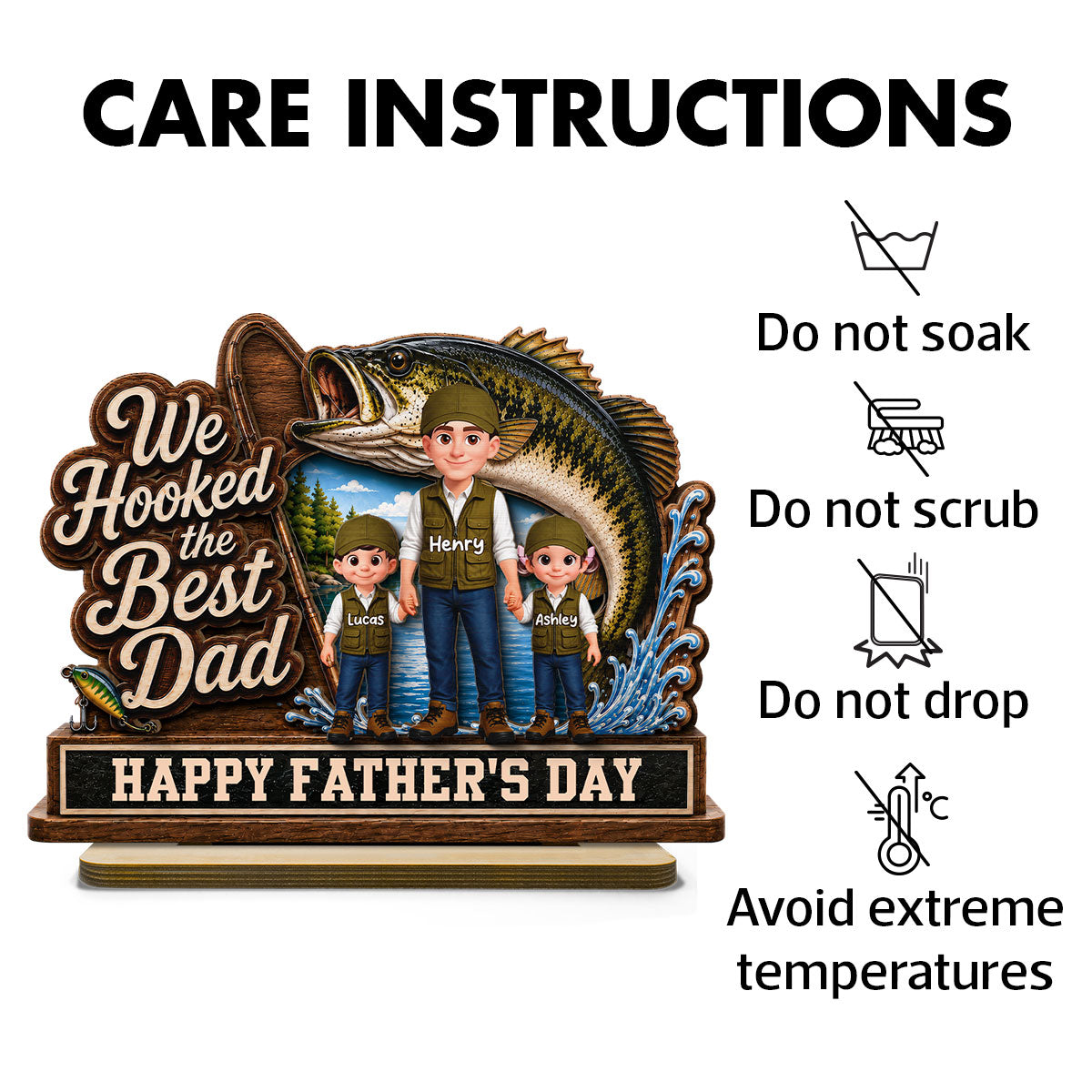 We Hooked The Best Dad Fishing Man & Kids 2D Flat - Personalized 2-Layered Wooden Plaque -  Gift For Fishing Dad