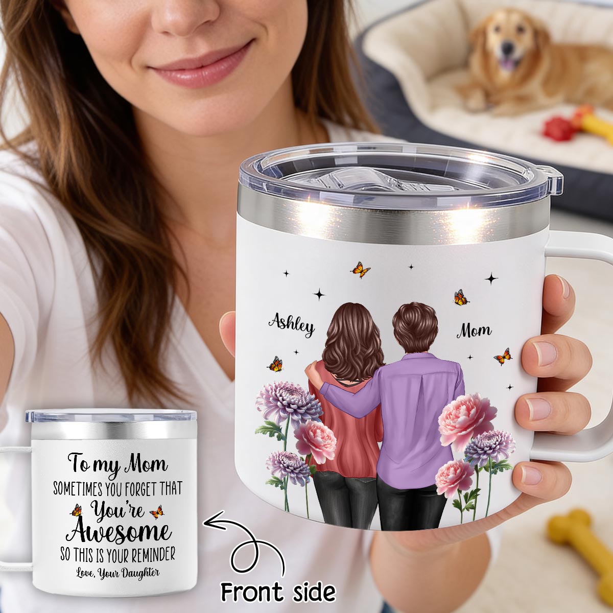 To My Mom You're Awesome Birth Flower - Personalized Stainless Steel Tumbler With Handle - Mother's Day Gift For Mom From Daughter