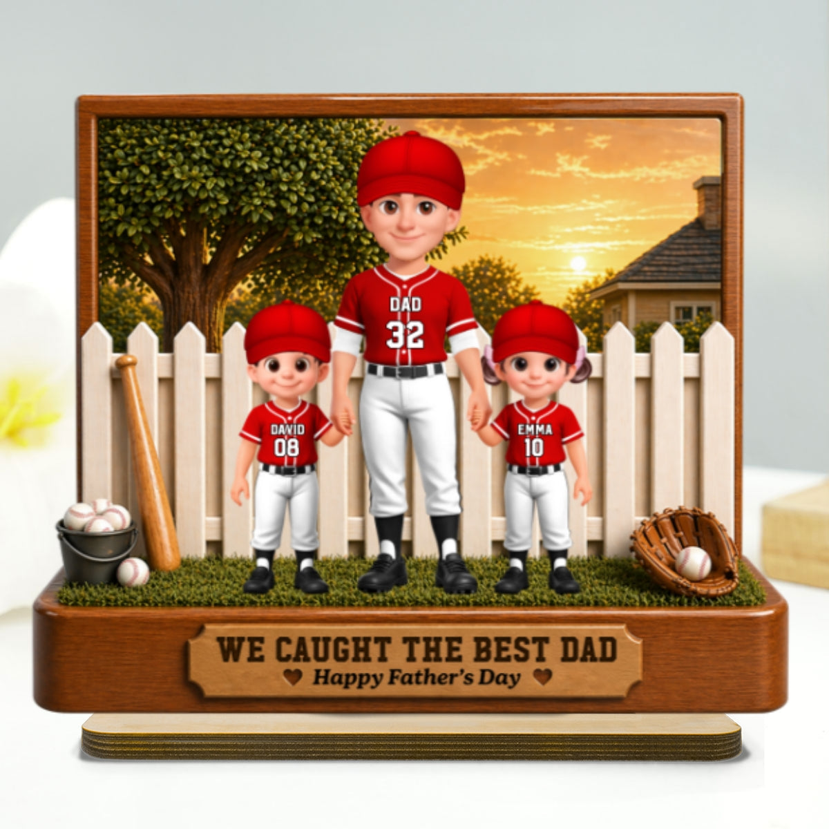 Baseball Dad And Kids Backyard We Caught The Best Dad - Personalized 2-Layered Wooden Plaque -  Gift For Dad