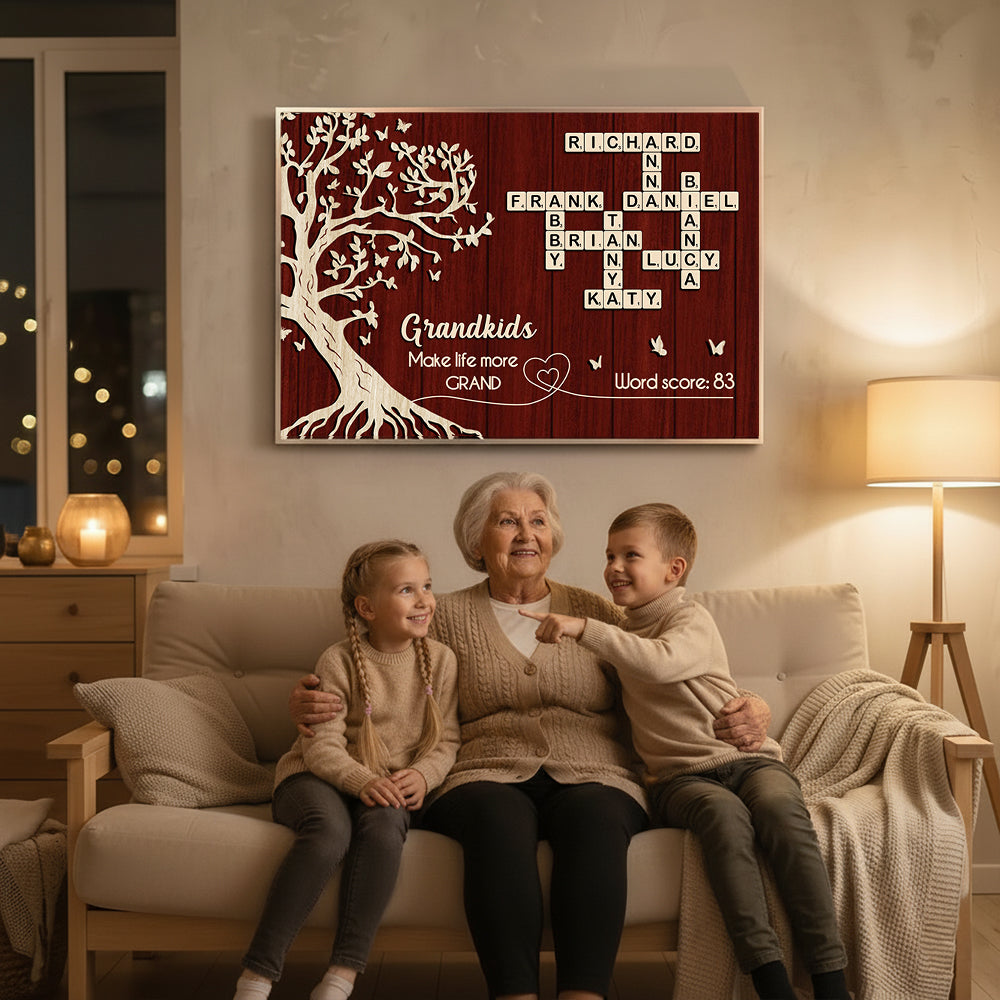 Grandkids Make Life More Grand Crossword Wall Art - Personalized Poster - Sentimental Gift for Grandma