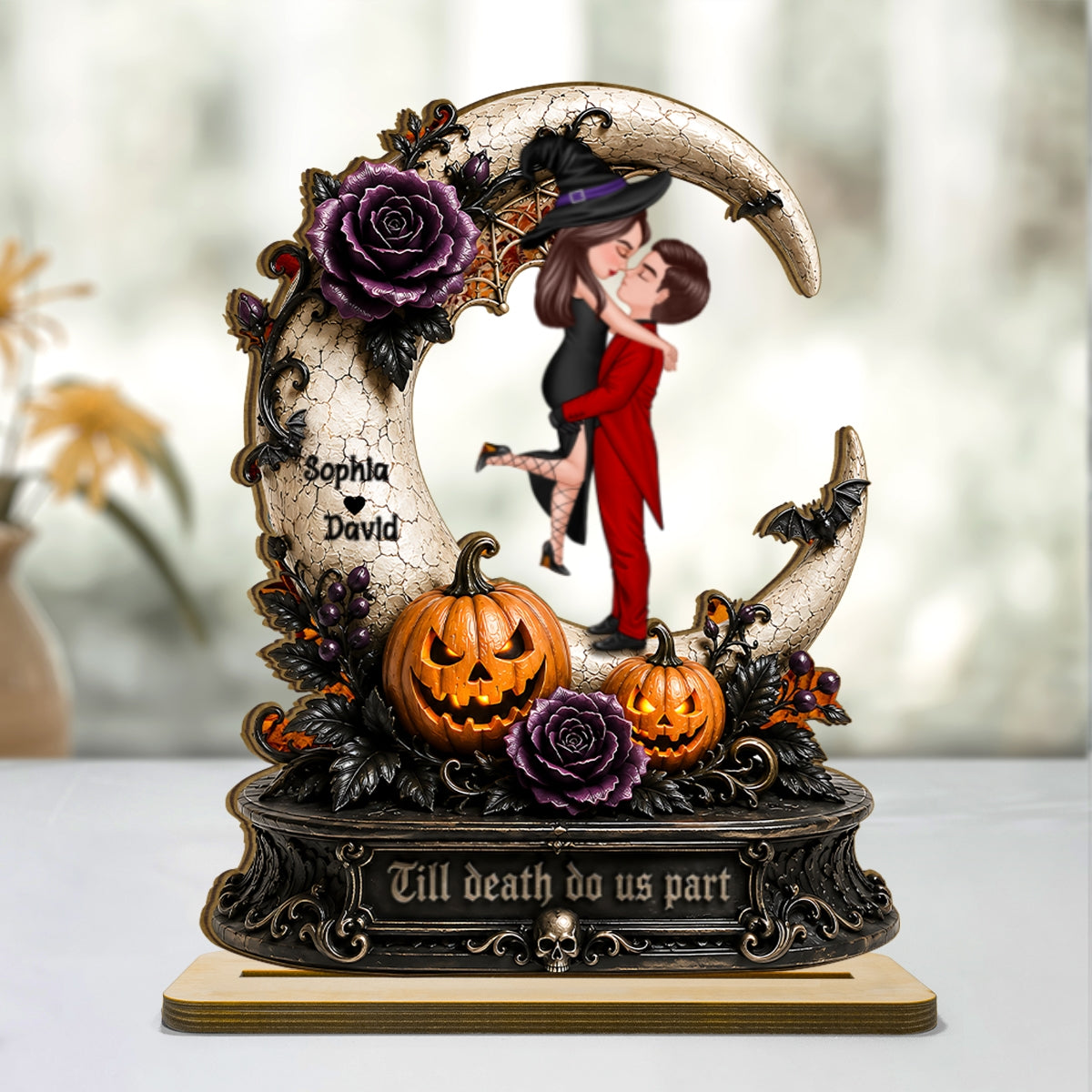 Spooky Couple Moon Halloween - Personalized 2-Layered Wooden Plaque - Halloween Decor Gift, Gift For Couple