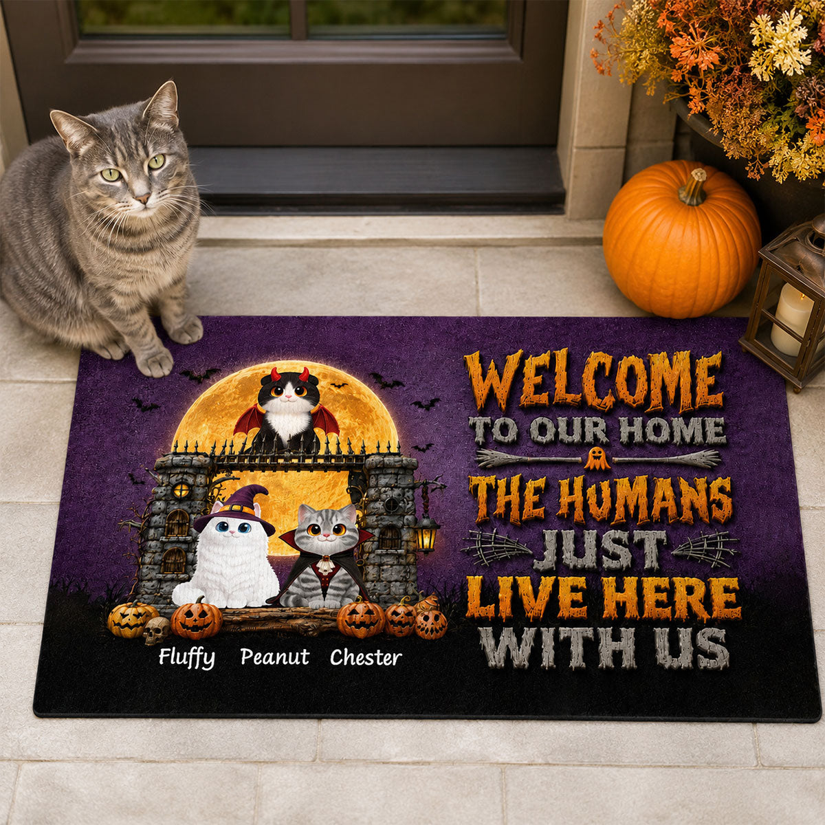 The Humans Just Live Here With Us - Personalized Doormat - Halloween Decor Gift, Gift For Cat Lovers