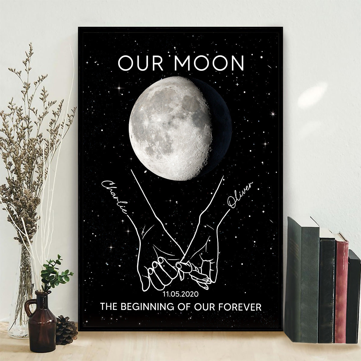 Couple Holding Hands Line Art Custom Moon Phase Anniversary Date - Personalized Poster - Gift For Couple
