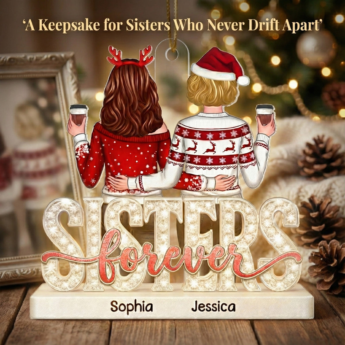 Sisters Forever Pattern Crystal - Personalized Acrylic Ornament - Heartwarming Christmas Gift For Sisters, Besties