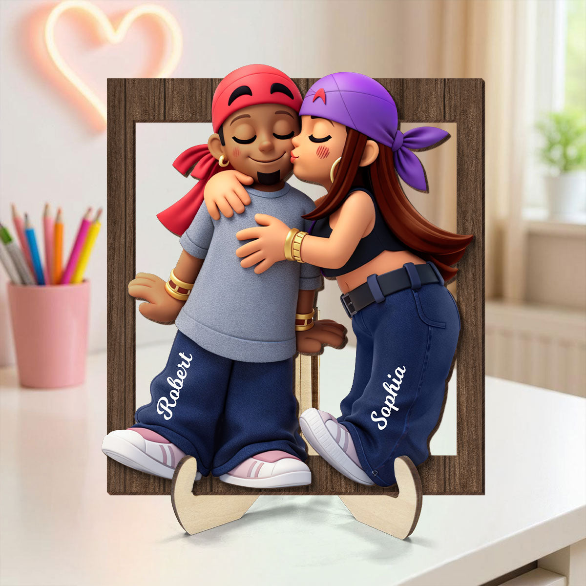 Y2K Couple Kissing - Personalized 2-Layered Wooden Plaque - Gift for Couple, for Him, for Her