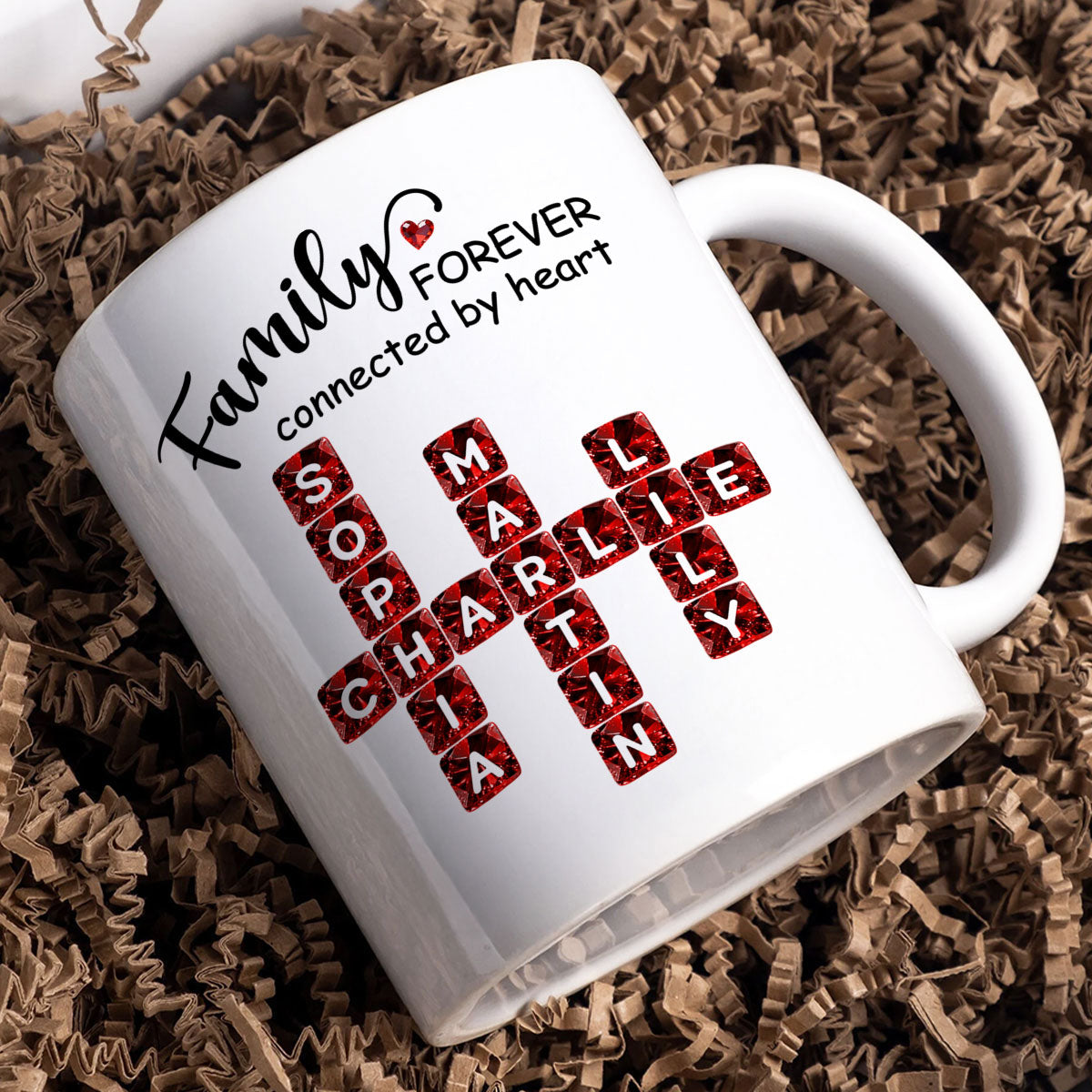 Family Forever Connected by Heart 3D Crystal Crossword - Personalized Mug - Sentimental Gift for for Loved Ones
