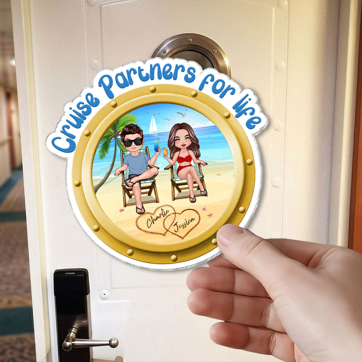Cruise Partners For Life Porthole Doll Couple Sitting On The Beach - Personalized Cruise Ship Door Magnet