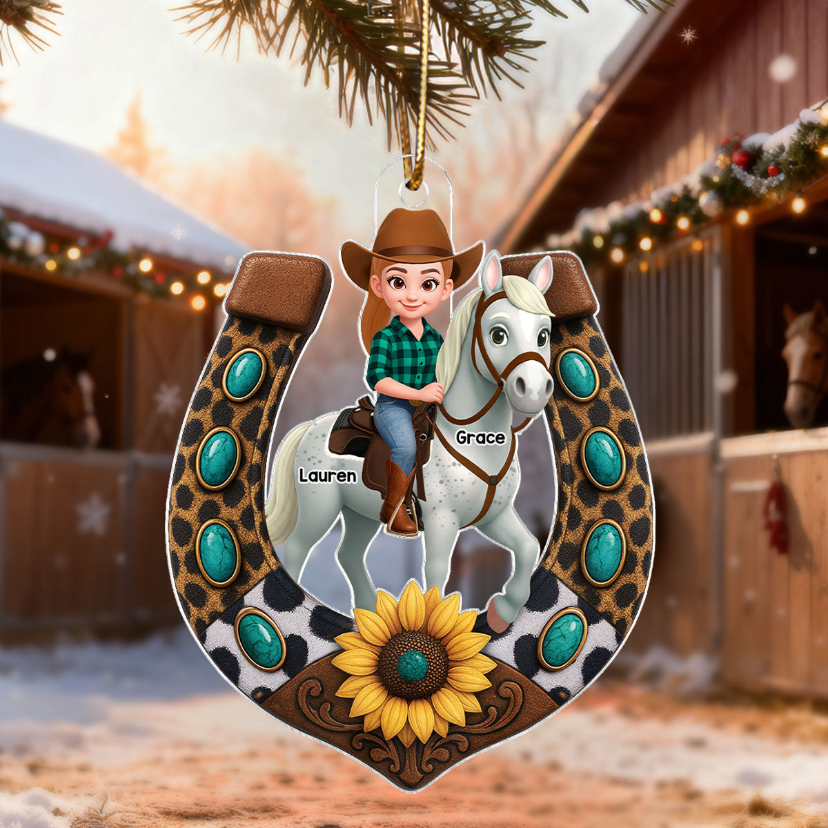 3D Effect Cowgirl And Her Horse Horseshoe - Personalized Acrylic Ornament - Christmas Gift