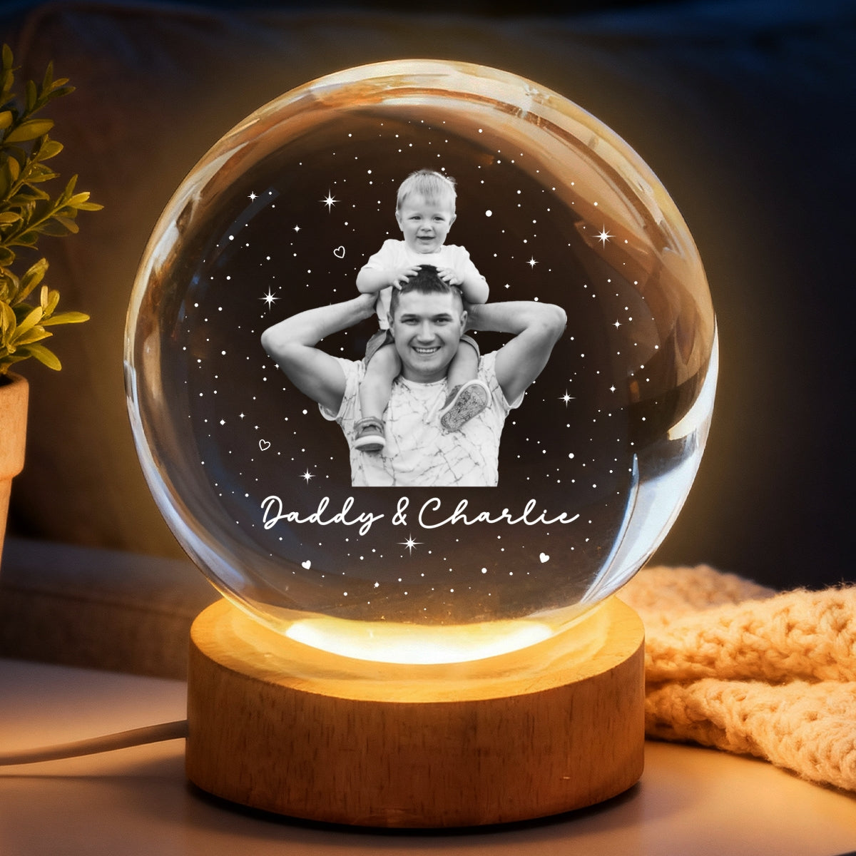 Dad And Kid Custom Upload Photo - Personalized Crystal Ball LED Night Light -  Gift For Dad