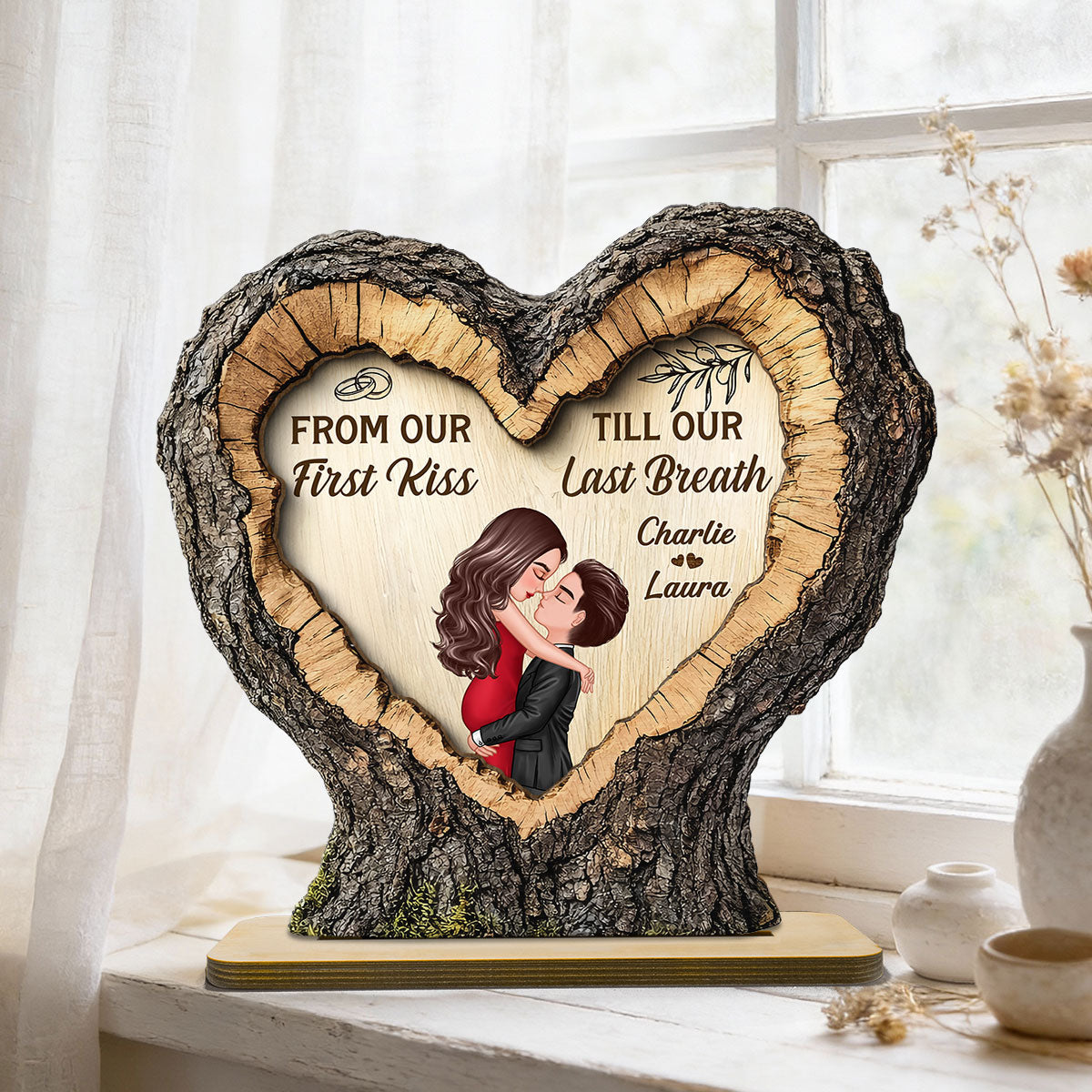 From First Kiss Till Last Breath Couple Kissing 2D Flat - Personalized 2-Layered Wooden Plaque - Anniversary Gift, Valentine's Gift For Him, For Her