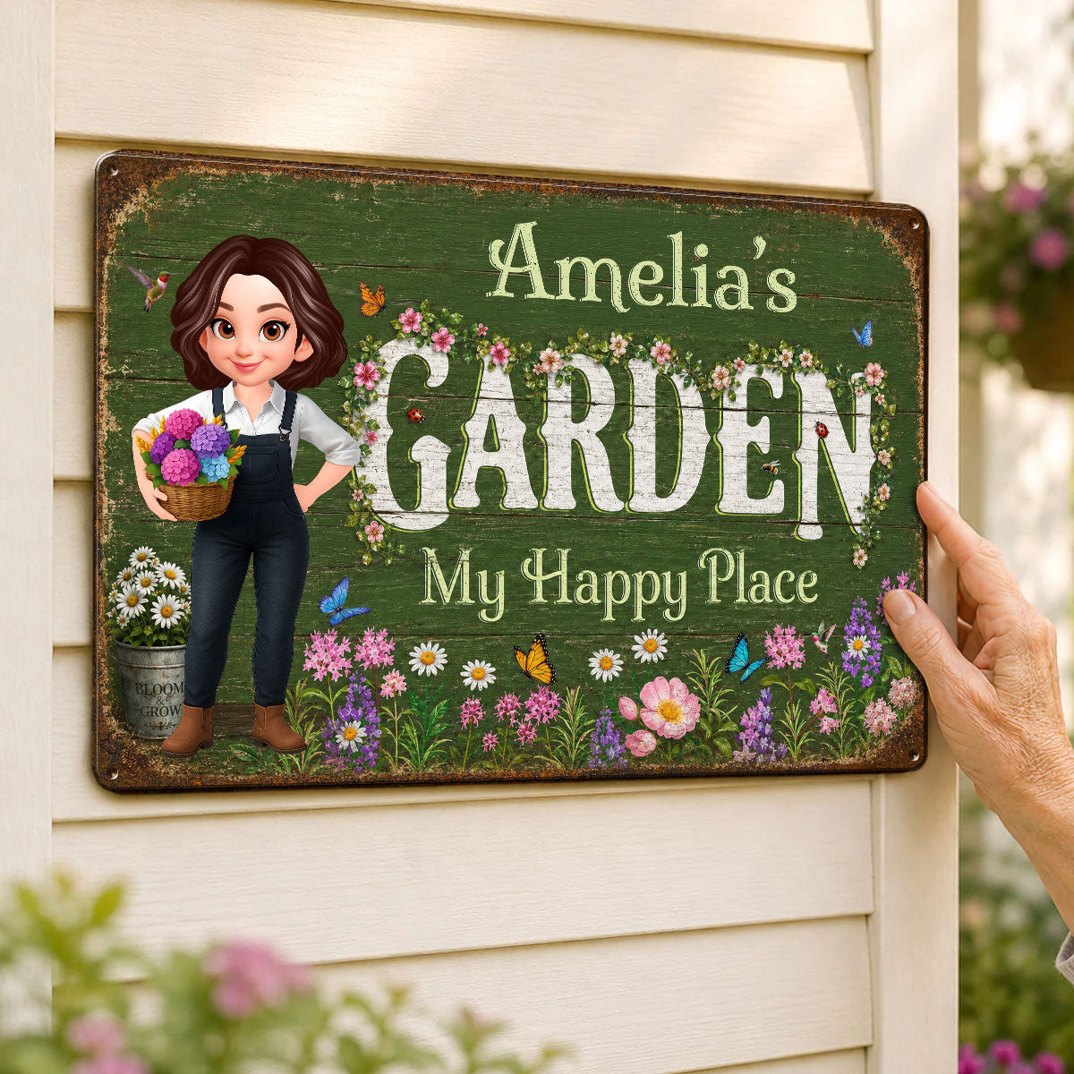 My Happy Place Flower Garden - Personalized Metal Sign - Gift for Her