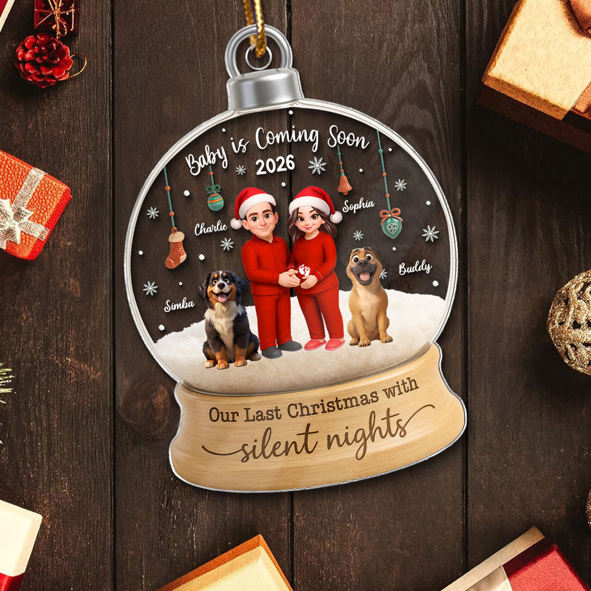 Last Christmas With Silent Nights Expecting Couple With Dog Cat - Personalized Acrylic Ornament