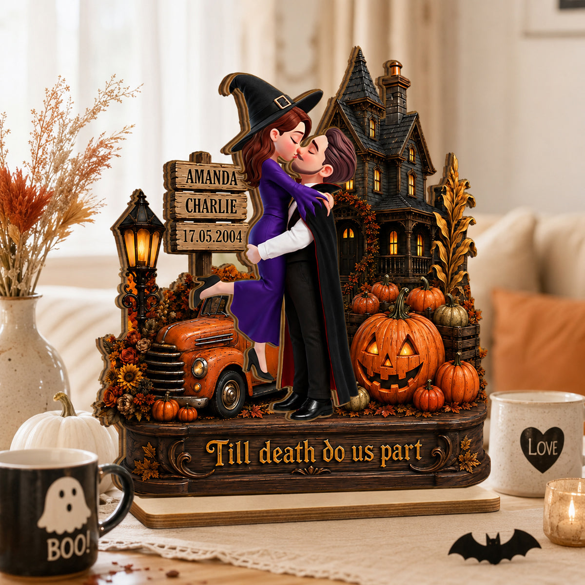 Couple Halloween Haunted House - Personalized 2-Layered Wooden Plaque - Halloween Decor Keepsake for Her, for Him