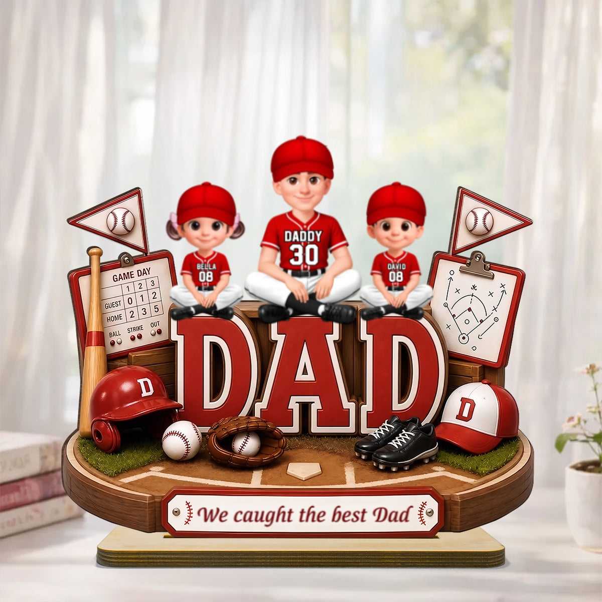Baseball Dad Kids We Caught The Best Dad - Personalized 2-Layered Wooden Plaque -  Gift For Dad, Husband