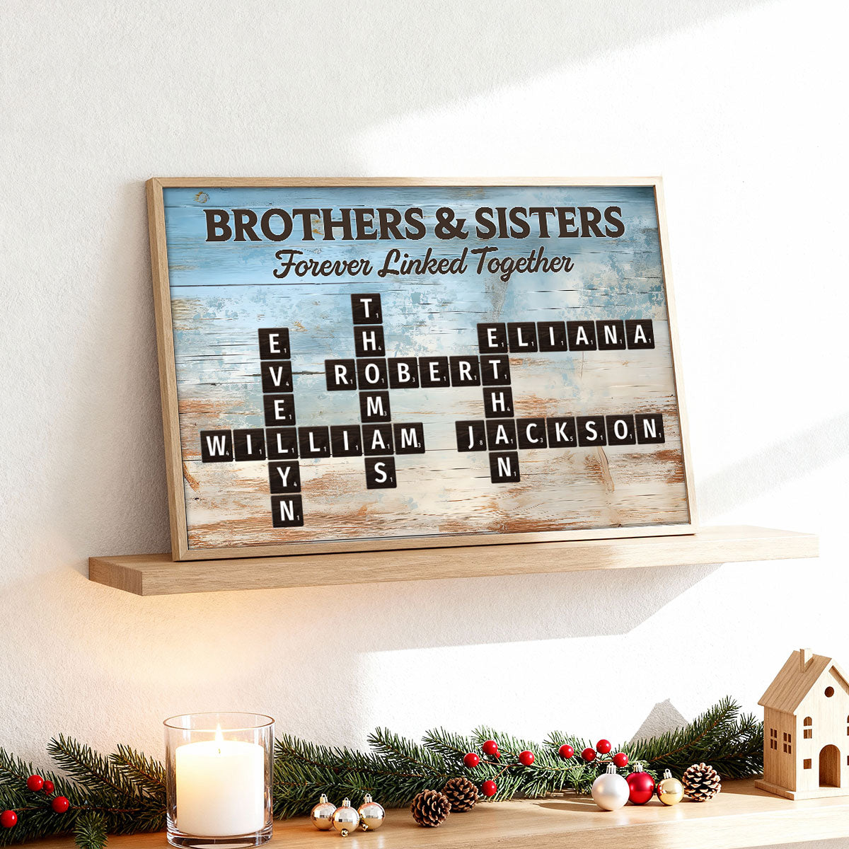 Brothers & Sisters Forever Linked Together Crossword Puzzle Art Blue Wood Palette - Personalized Poster - Gift For Siblings, Family