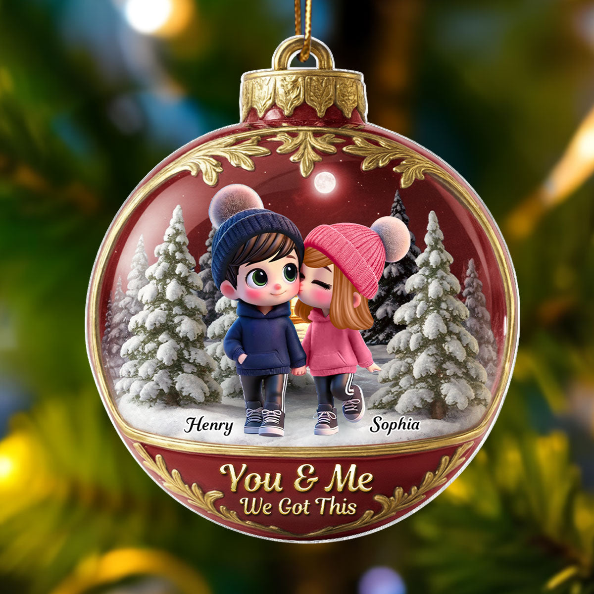 3D Effect Snow Globe Cartoon Couple - Personalized Acrylic Ornament - Christmas Gift for him, Gift for her