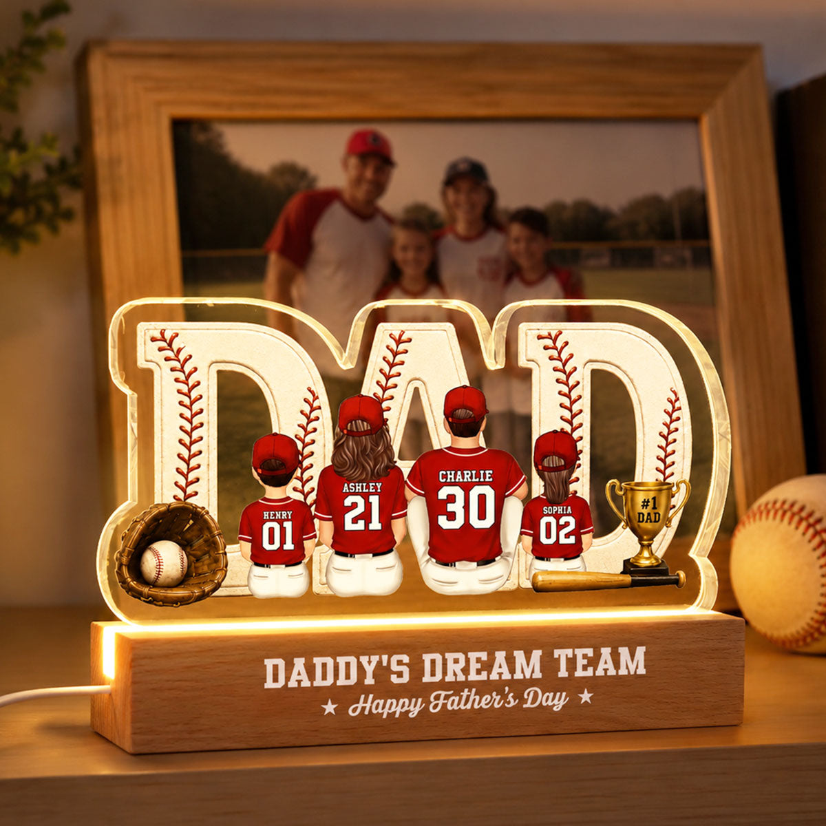 Baseball Family Daddy's Dream Team - Personalized Acrylic Block Plaque LED Night Light - Father's Day Gift For Dad, Husband