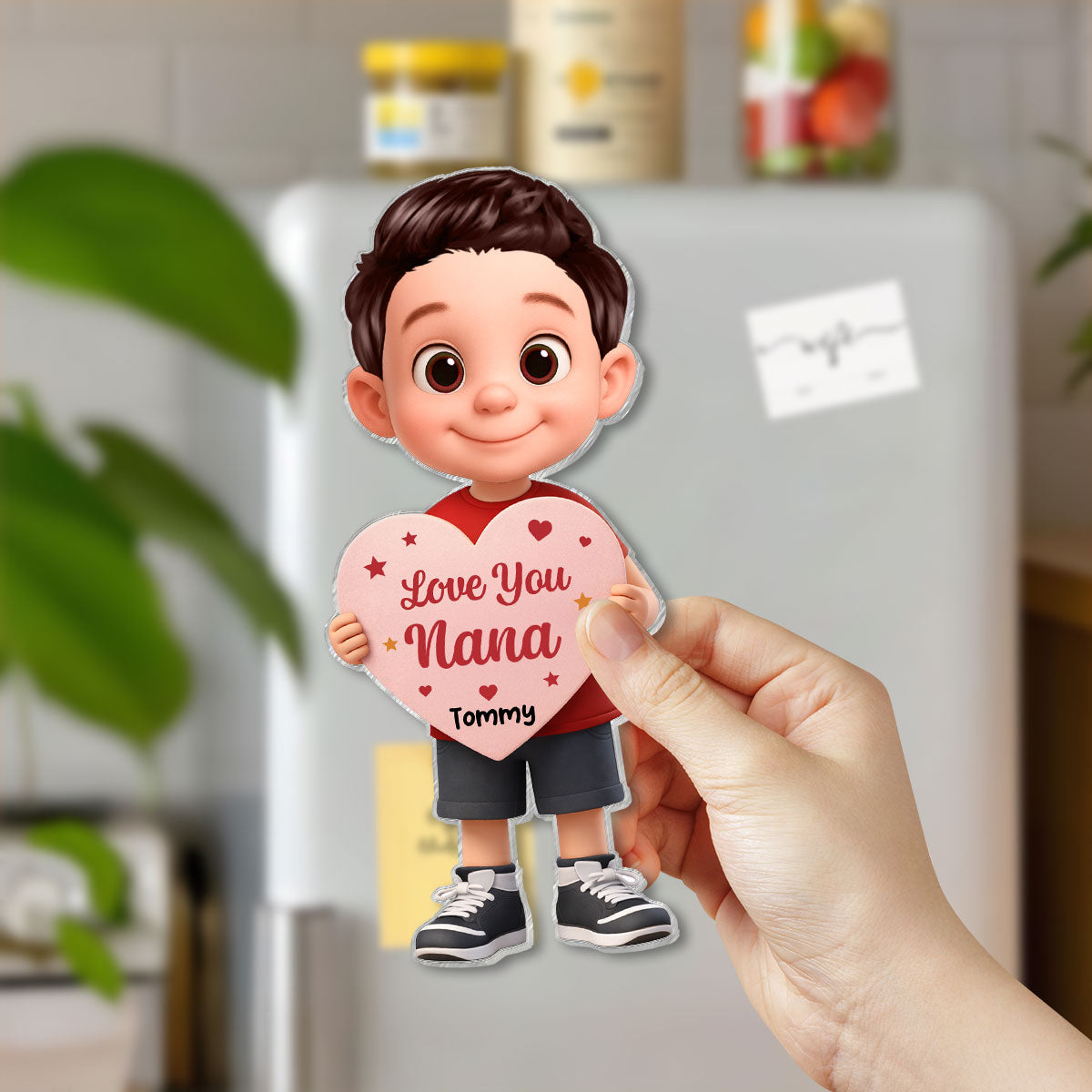 Kid Holding Heart - Personalized Acrylic Fridge Magnet - Mother's Day Gift for Grandma, Mom, Wife