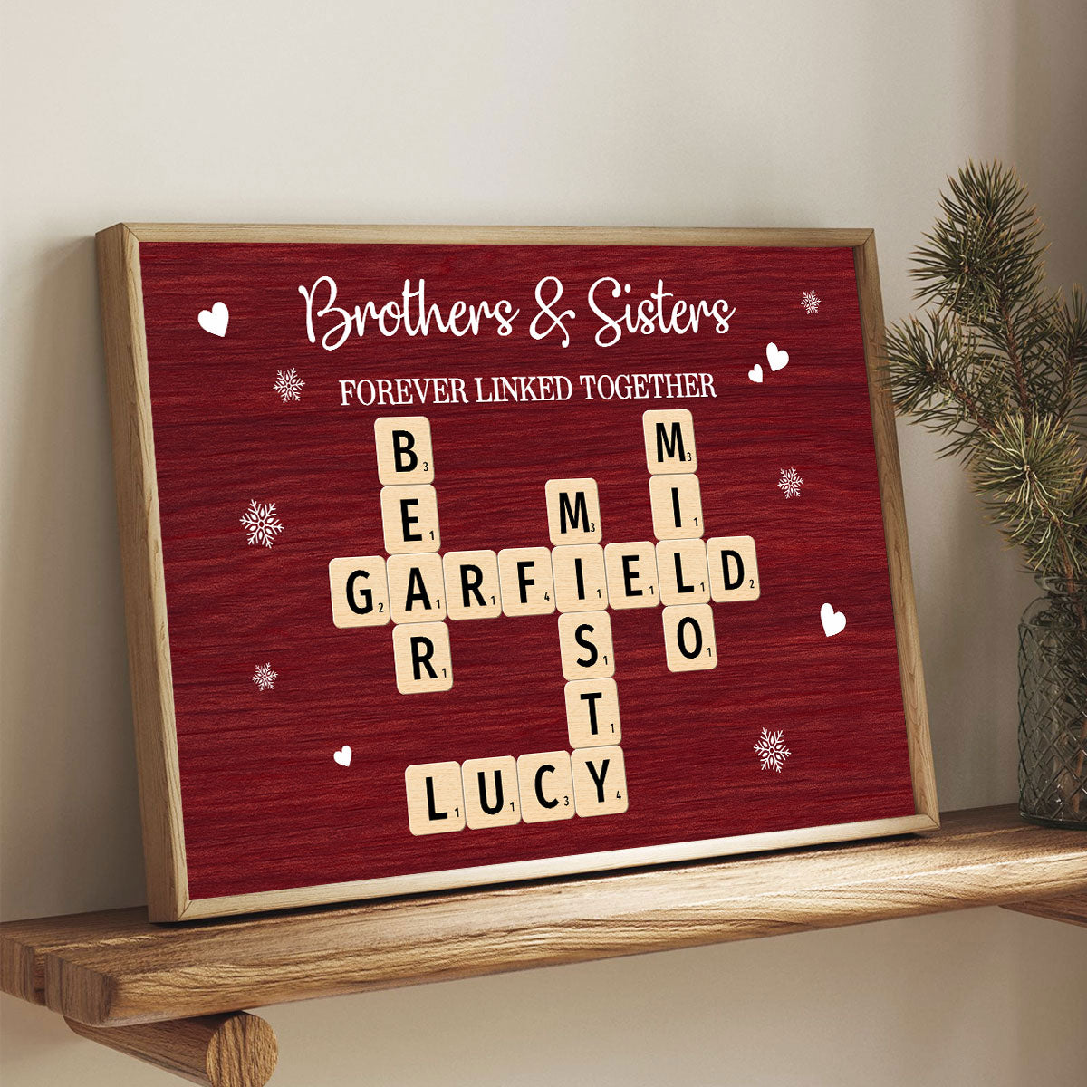 Christmas Festive Brothers & Sisters Forever Linked Together Crossword Puzzle Art - Personalized Poster - Gift For Brothers, Sisters, Siblings, Family