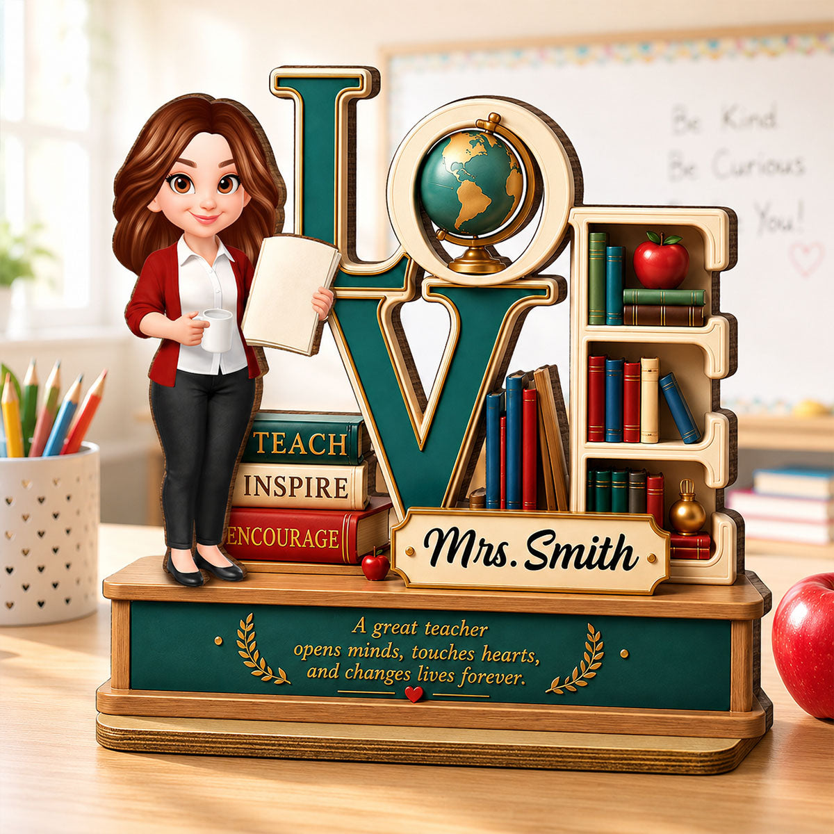 Teach Inspire Encourage Teacher - Personalized 2-Layered Wooden Plaque - Back To School Gift For Teachers, Classroom Decors