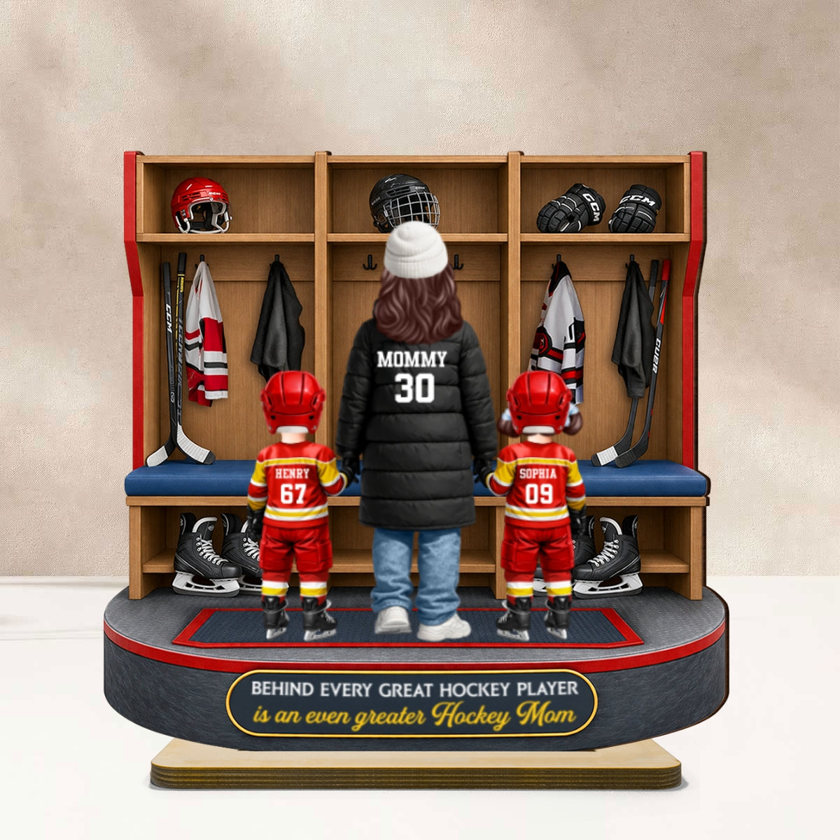 Hockey Mom And Kids Locker Room - Personalized 2-Layered Wooden Plaque - Mother's Day Gift For Hockey Mom, Gift For Wife