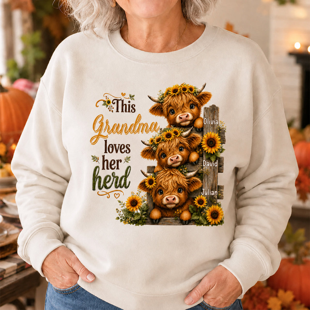 Highland Cow Grandma Loves Her Herb - Personalized Shirt - Fall Season Gift, Gift For Grandma