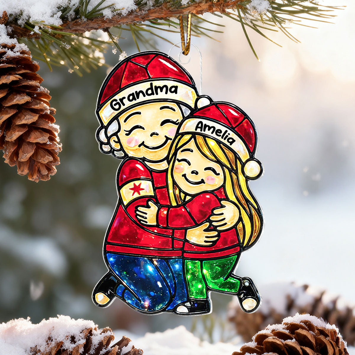 Grandma Hugging Grandkids Stained Glass Pattern - Personalized Acrylic Ornament - Heartwarming Christmas Gift For Grandma, Granddaughter, Grandson
