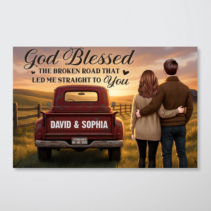 Rustic Nostalgia Red Pickup Truck Couple Together Farmhouse Decor - Personalized Poster - Heartfelt Valentine, Anniversary Gift For Him, For Her