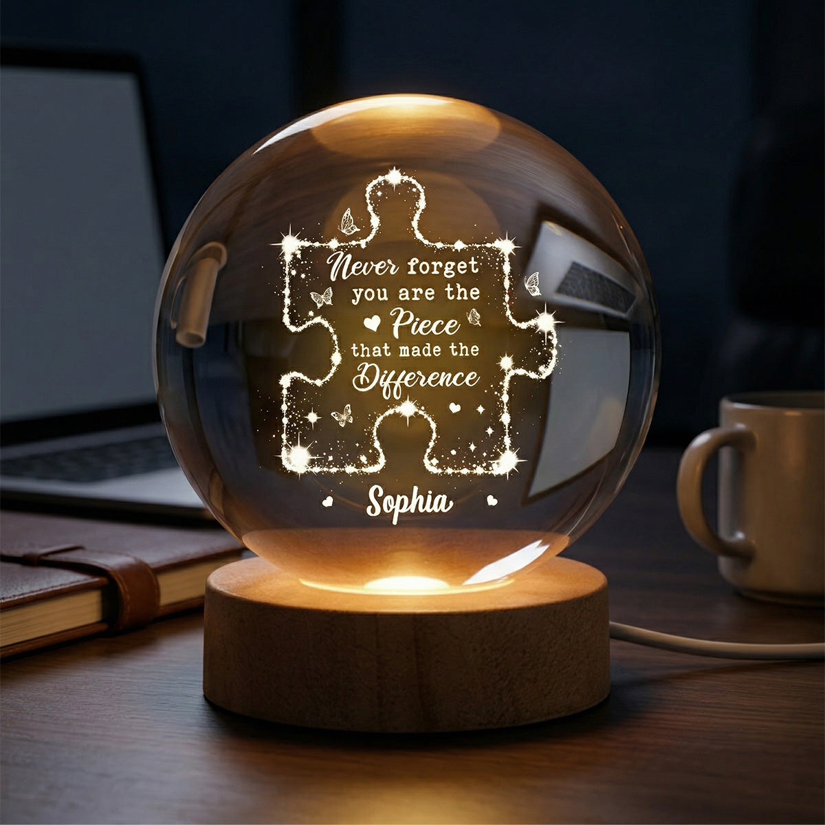 Never Forget The Difference You Make - Personalized Crystal Ball LED Night Light - Thank You Appreciation Gift for Coworker, Teacher, Employee Leaving Gift
