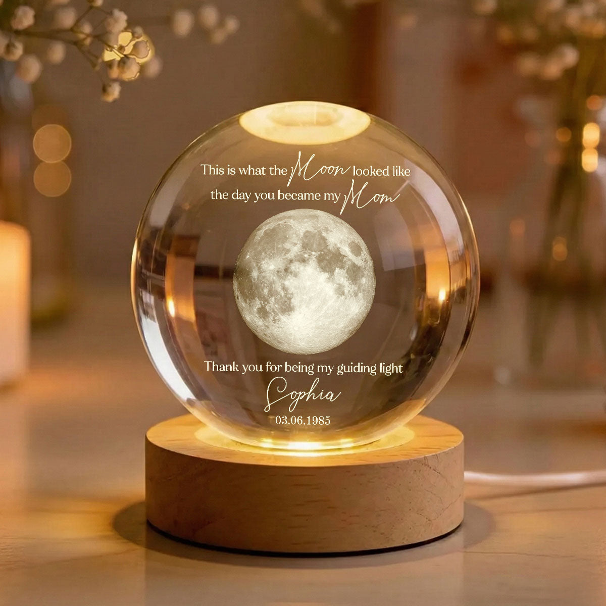 Thank You for Being My Guiding Light Mom - Personalized Crystal Ball LED Night Light - Sentimental Mother's Day Gift for Mom