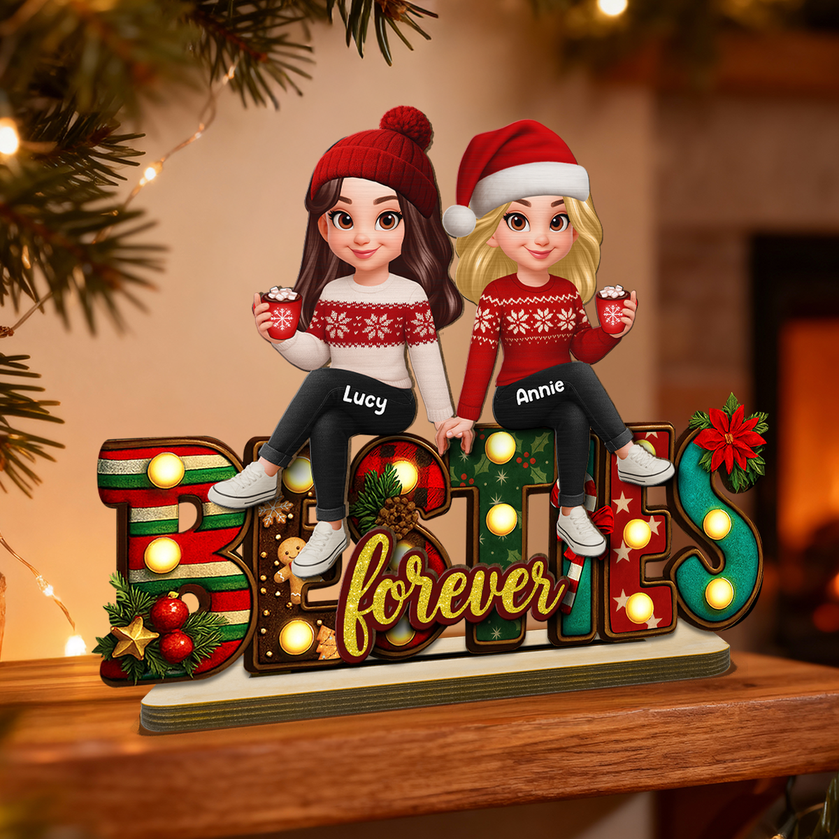 Festive Christmas Besties Together Christmas - Personalized 2-Layered Wooden Plaque