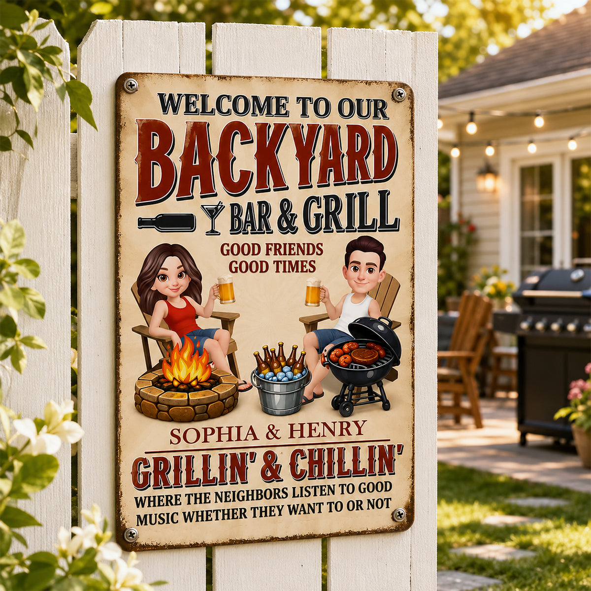 Welcome To Our Backyard Bar & Grill - Personalized Metal Sign - Gift For Couple, Family, Summer Decorations