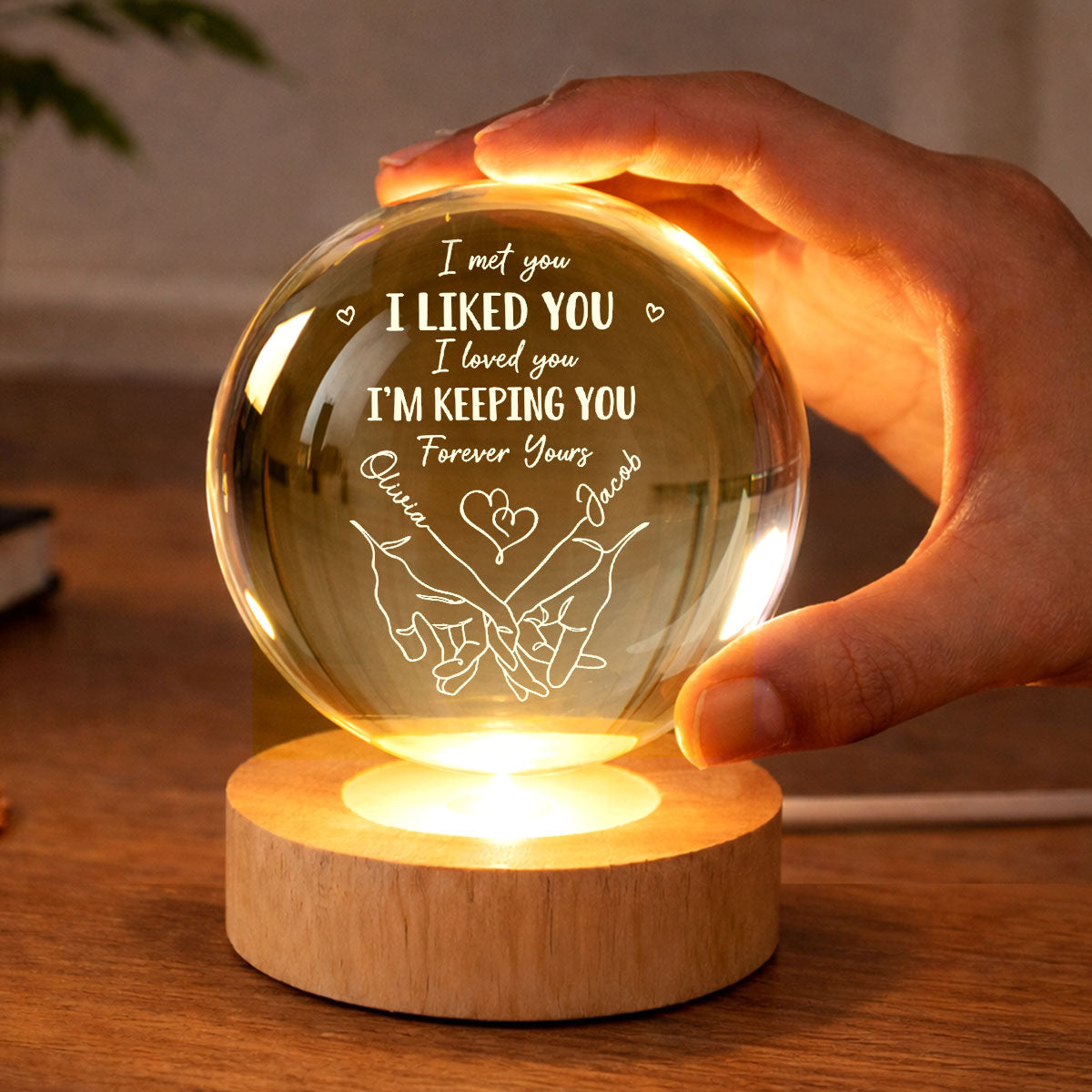 Couple Interlocked Hands I Met You I Loved You - Personalized Crystal Ball LED Night Light - Sentimental Gift for Her, for Him, Couple Keepsake
