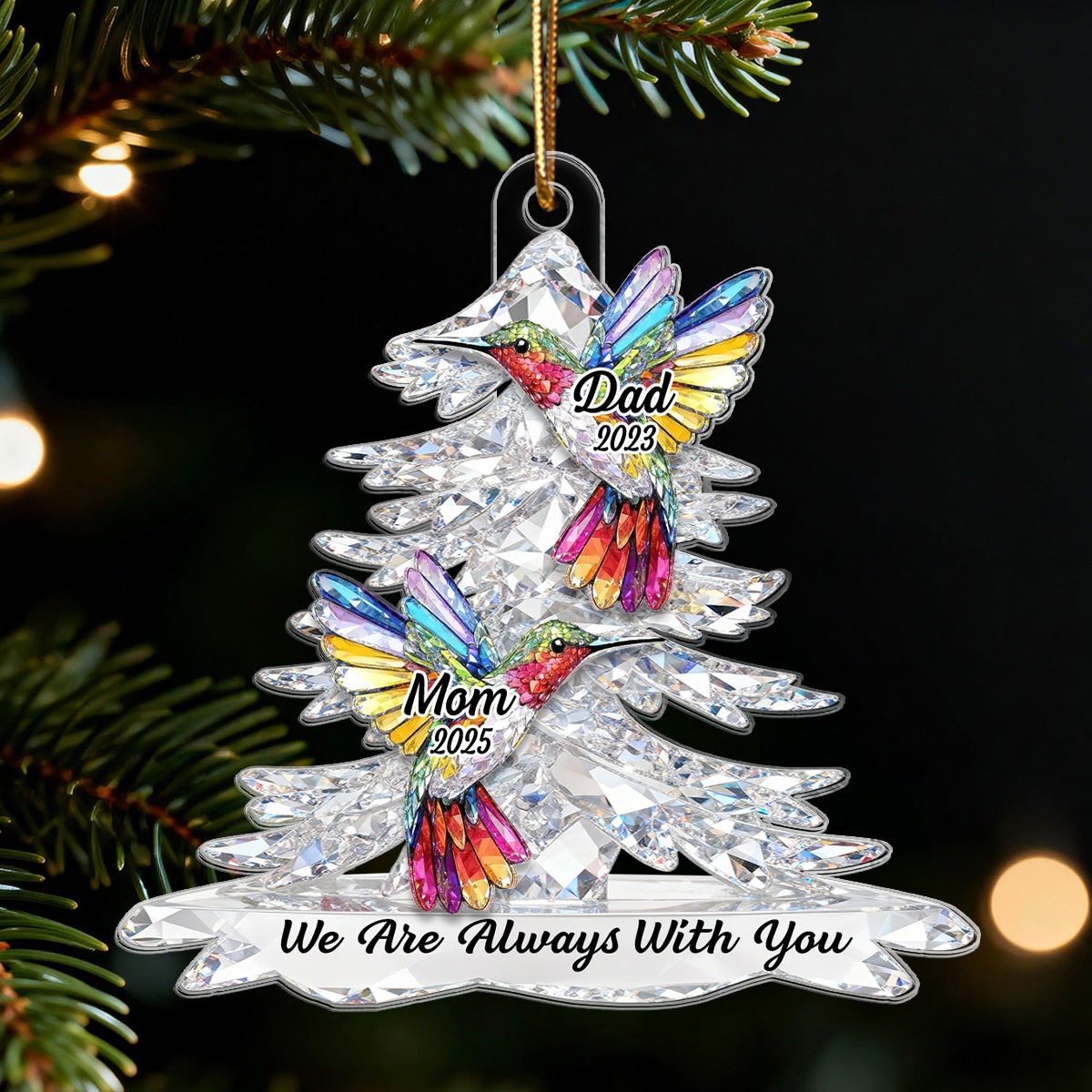 3D Effect Flat Christmas Tree Hummingbird Memorial - Personalized Acrylic Ornament - Remembrance Gift, Sympathy Gift