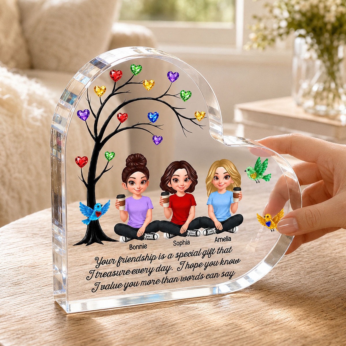 Besties Sisters Colorful Stone Tree - Personalized Heart Acrylic Block - Gift For Besties, Sisters, Best Friends