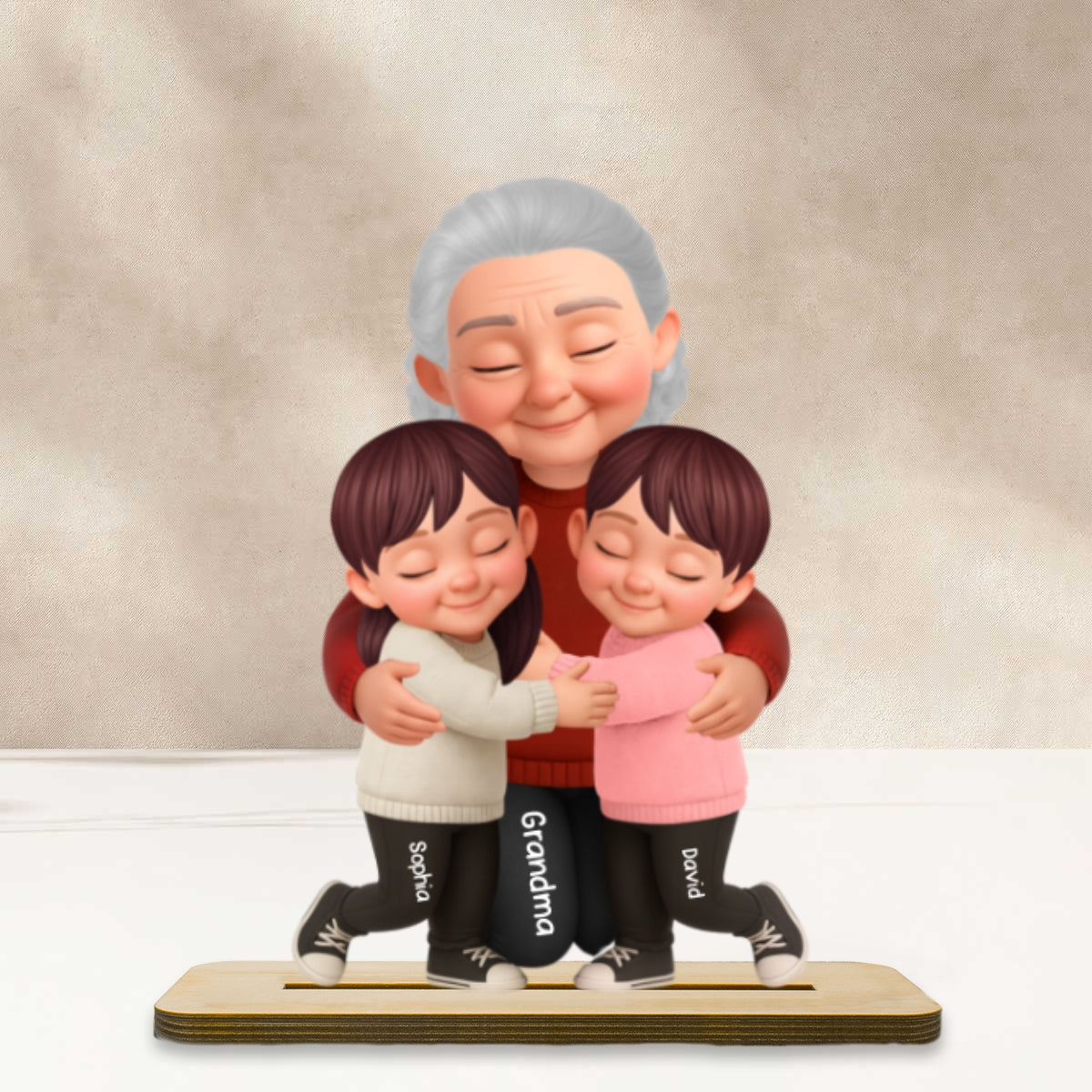 Grandma Hugging Grandkids - Personalized 2-Layered Wooden Plaque - Heartfelt Gift for Grandma