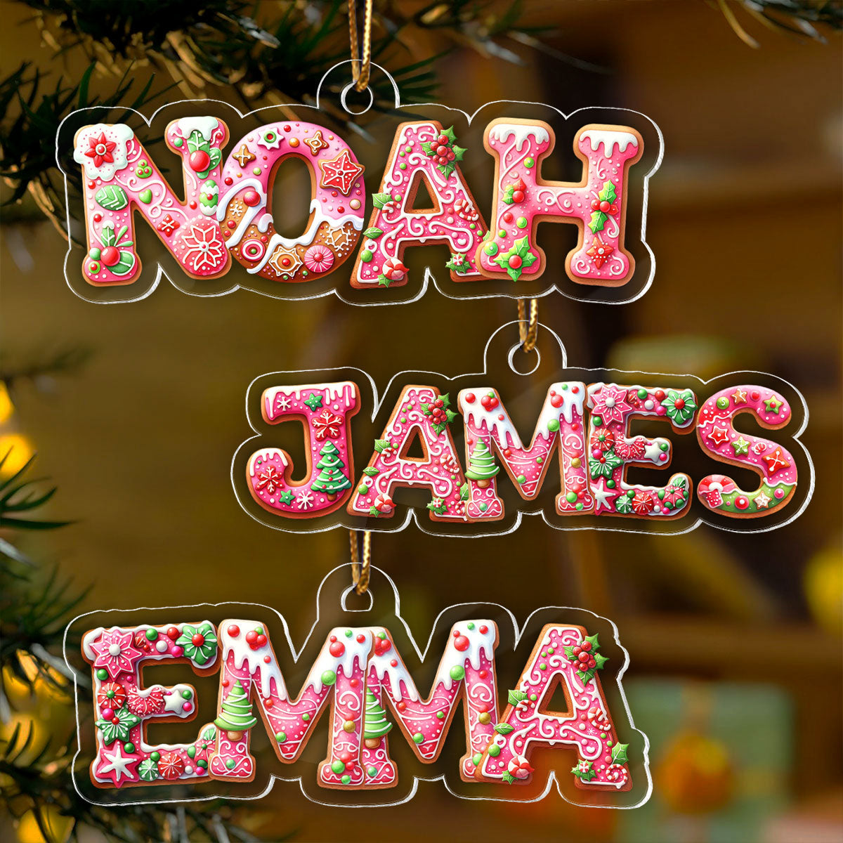 Pink Gingerbread Alphabet Custom Name - Personalized Acrylic Ornament - Christmas Tree Decor