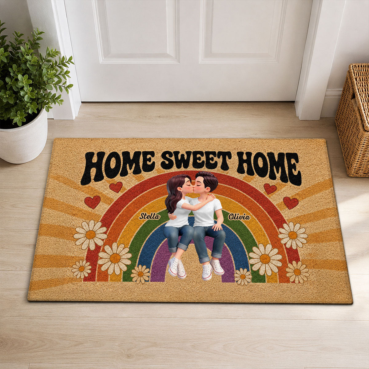 LGBT+ Rainbow Couple Home Sweet Home - Personalized Doormat - Gift For Couple, Happy Pride Month